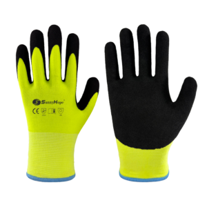 Heavy thermal lined, 7gauge acrylic terry liner with black crinkle latex coated on palm & thumb, fluorescent yellow liner