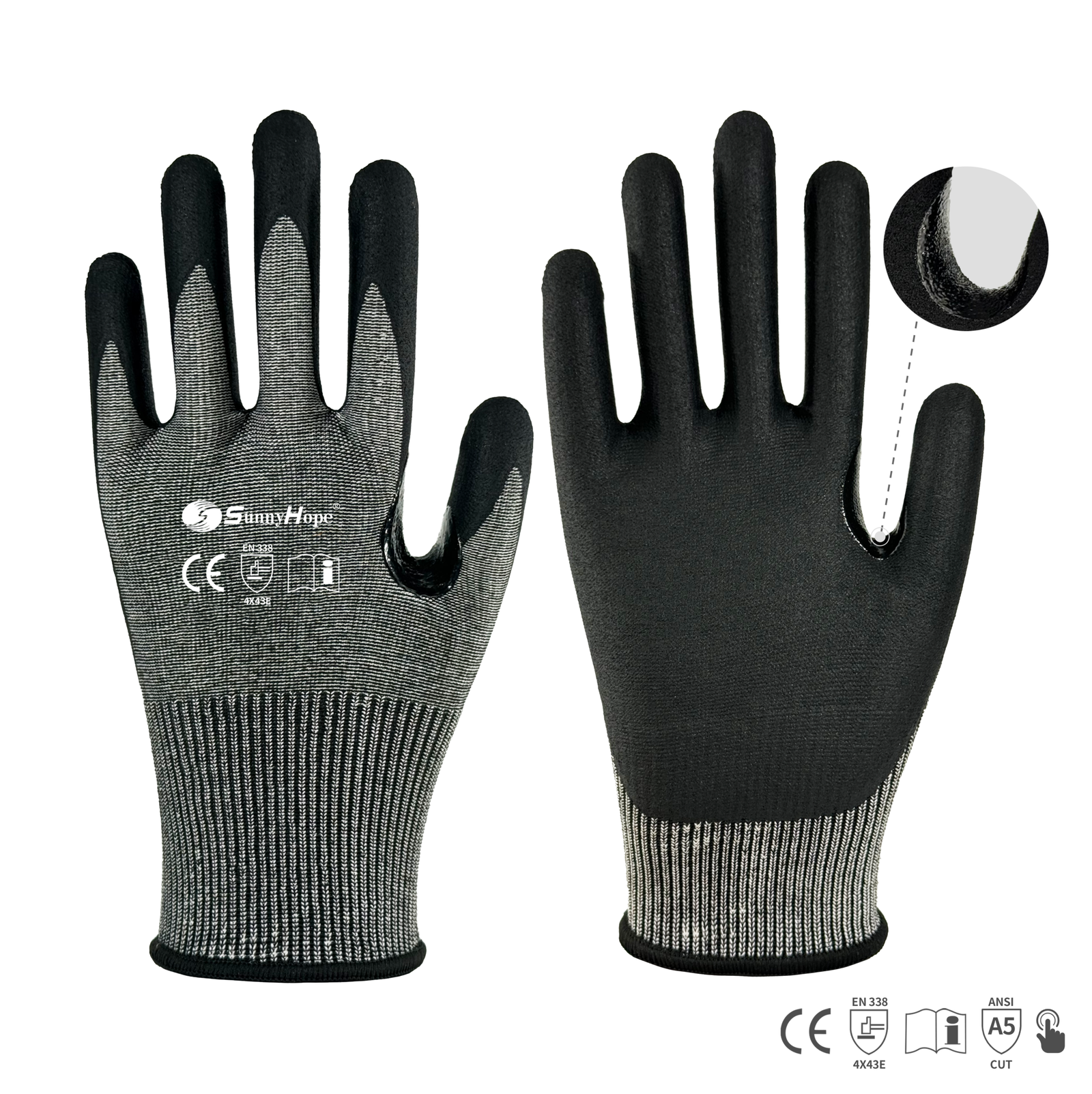 15 gauge HPPE, glass fiber mixed liner with PU coated cutting gloves, Touchscreen Compatible, Reinforced between thumb and index finger - Image 2