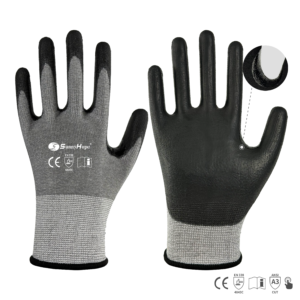 15 gauge HPPE, glass fiber mixed liner with PU coated cutting gloves, Touchscreen Compatible, Reinforced between thumb and index finger