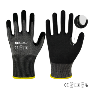 15 gauge HPPE, glass and steel fiber mixed liner with nitrile sandy coated cutting gloves, Reinforced leather between thumb and index finger