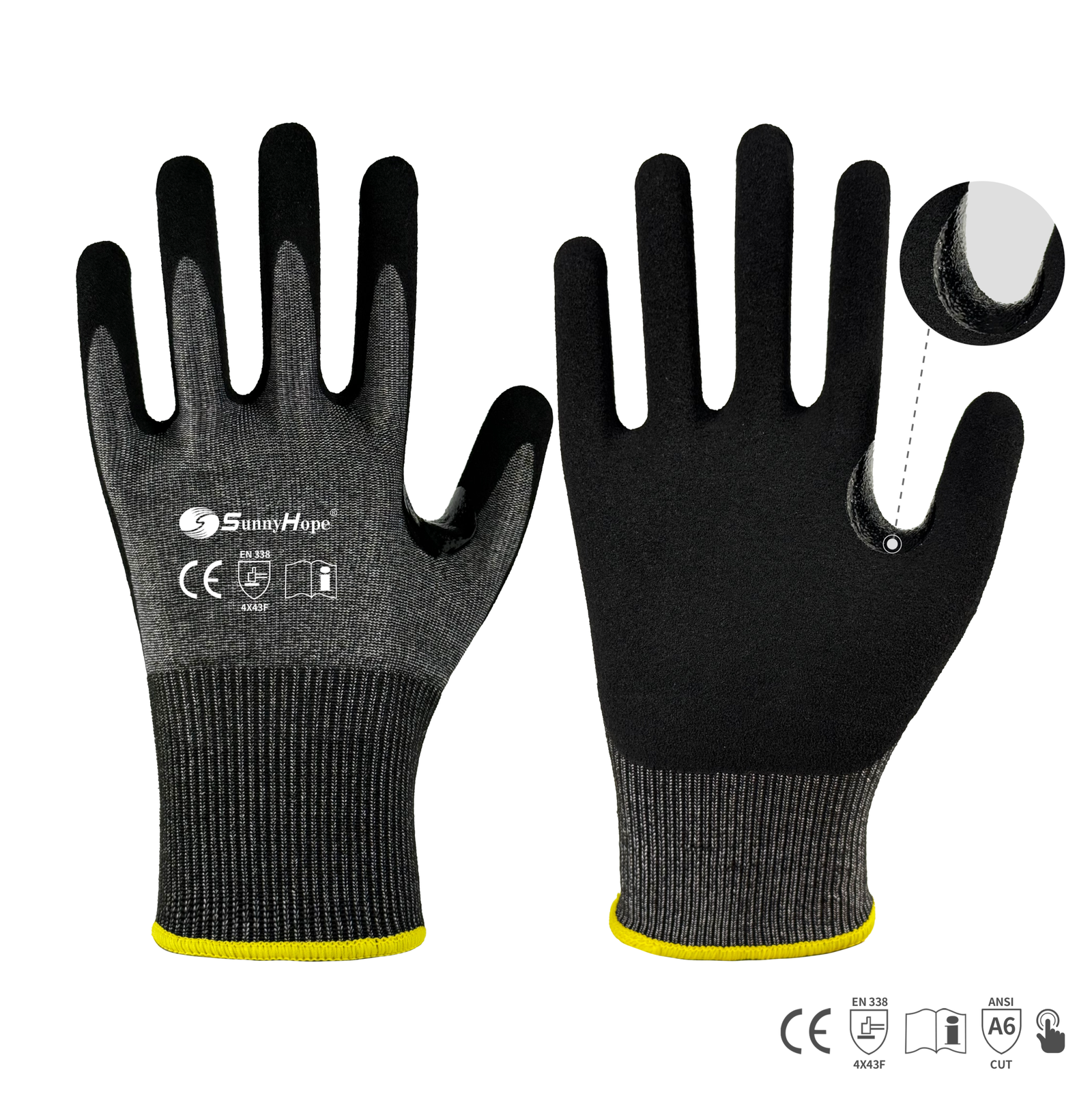 15 gauge HPPE, glass and steel fiber mixed liner with nitrile sandy coated cutting gloves, Reinforced leather between thumb and index finger