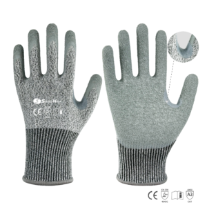 13 gauge HPPE+glass fiber mixed liner with crinkle latex coated on palm cutting gloves, Reinforced between thumb and index finger