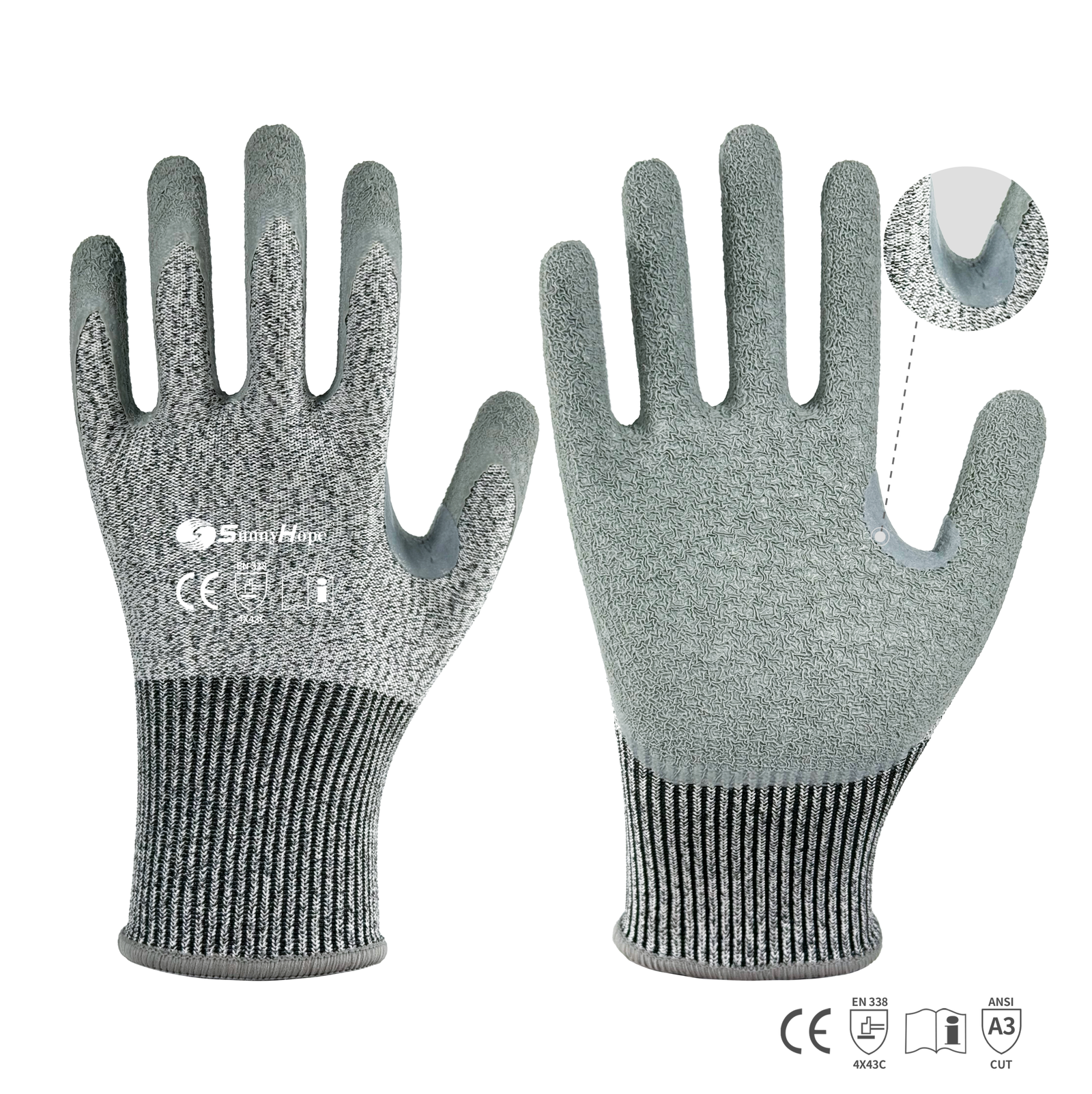 13 gauge HPPE+glass fiber mixed liner with crinkle latex coated on palm cutting gloves, Reinforced between thumb and index finger