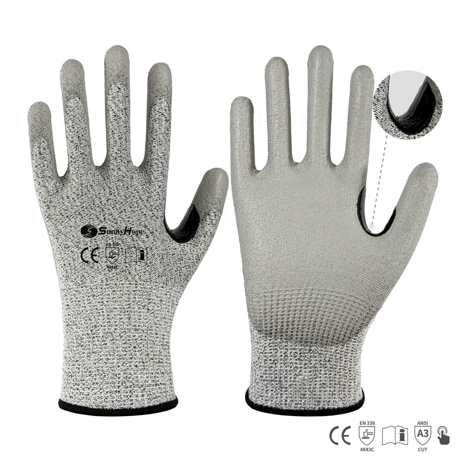 13 gauge HPPE+glass fiber mixed liner with PU coated on palm cutting gloves, Reinforced between thumb and index finger - Image 2