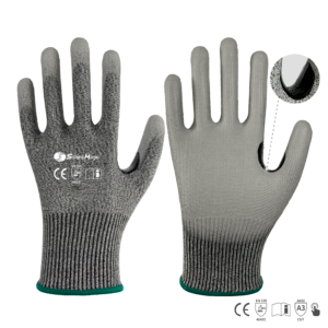 13 gauge HPPE+glass fiber mixed liner with PU coated on palm cutting gloves, Reinforced between thumb and index finger