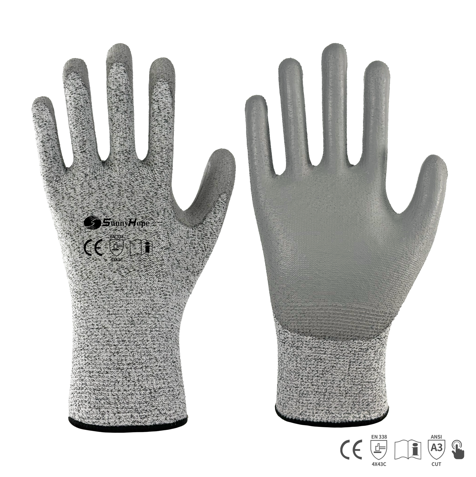 13 gauge HPPE & glass fiber mixed liner cut resistant gloves, Palm coated with matte smooth gray PU, touchscreen compatible
