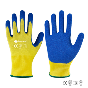 13 gauge Aramid fiber with steel knitted liner with latex crinckle coated on palm cutting gloves