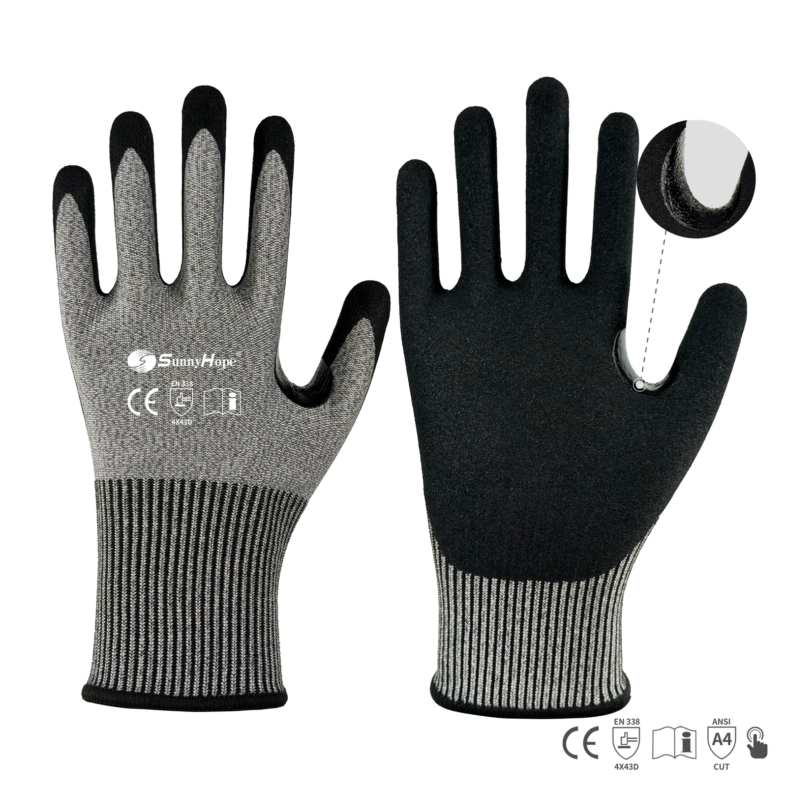 15 gauge HPPE & glass fiber mixed liner cut resistant gloves, palm coated with black sandy latex, touchscreen compatible reinforced between thumb and index finger