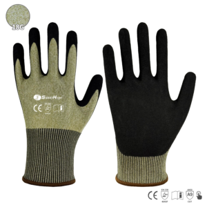 18 gauge HPPE & glass fiber mixed liner cut resistant gloves, palm coated with black sandy latex, touchscreen compatiblen