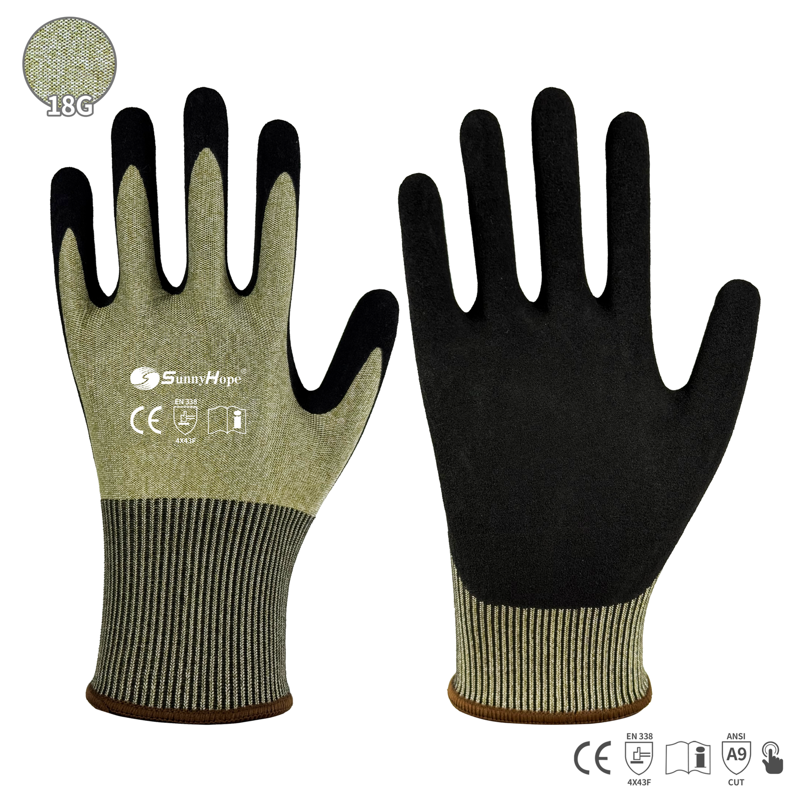 18 gauge HPPE & glass fiber mixed liner cut resistant gloves, palm coated with black sandy latex, touchscreen compatiblen
