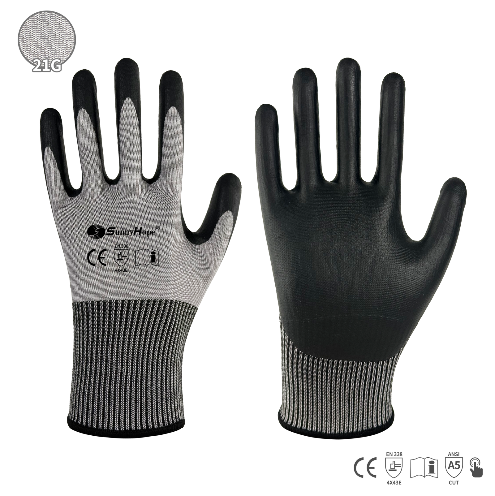 21 gauge HPPE mixed nylon liner cut resistant gloves, coated with black nitrile foam, touchscreen compatible