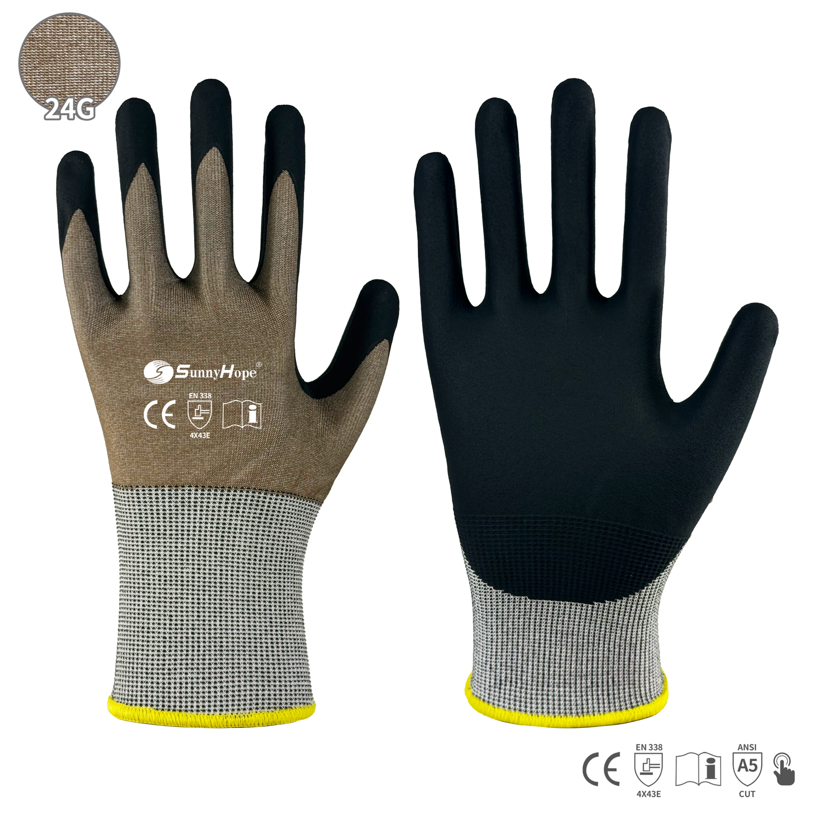 24 gauge HPPE & steel fiber mixed liner cut resistant gloves, palm coated with black washed nitrile foam, touchscreen compatible