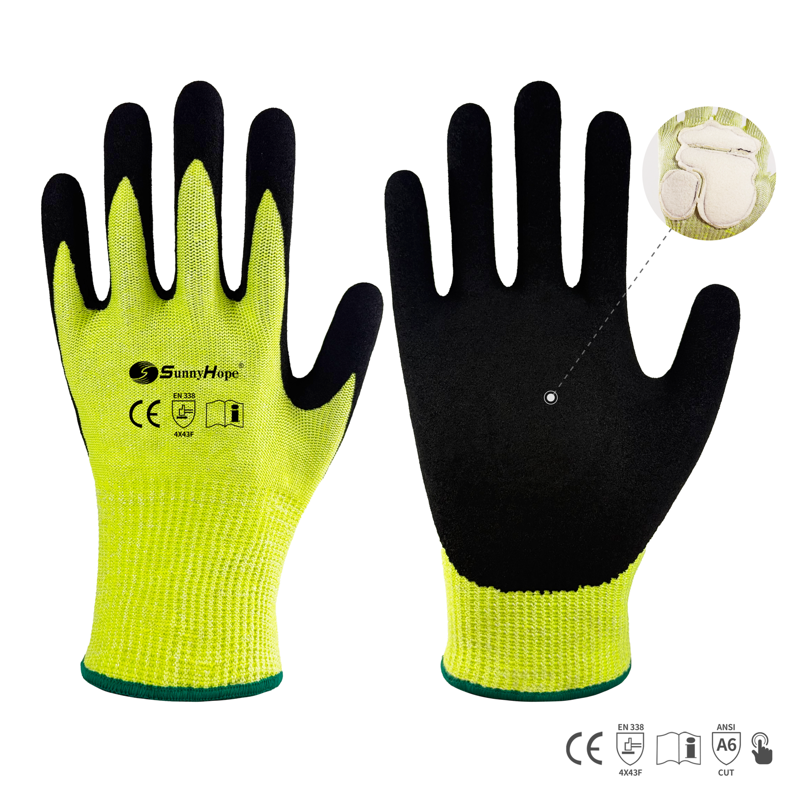 13 gauge HPPE, glass and steel fiber mixed liner with nitrile sandy coated on padded palm cutting gloves