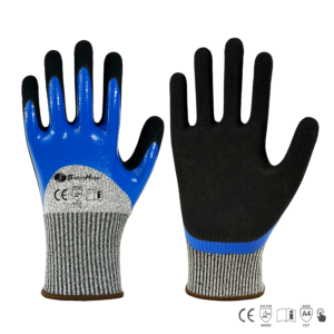 13 gauge HPPE and steel fabric liner with 3/4 nitrile smooth and nitrile sandy finished. Touch screen