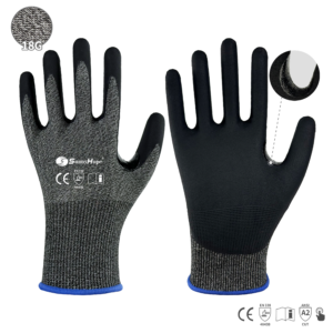 18 gauge HPPE & steel fiber mixed liner cut resistant gloves, palm coated with black washed nitrile foam, touchscreen compatible, reinforced between thumb and index finger