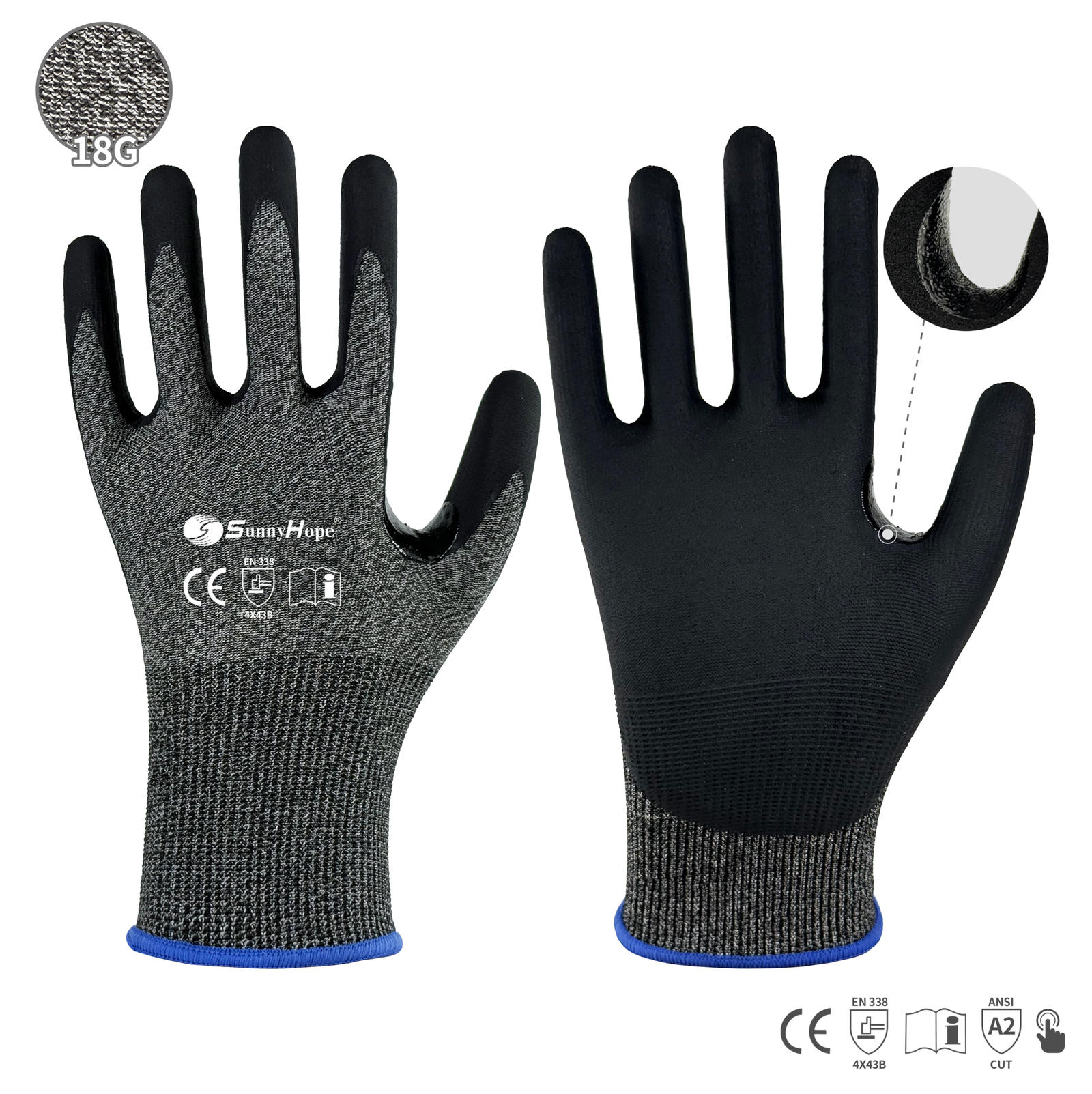 18 gauge HPPE & steel fiber mixed liner cut resistant gloves, palm coated with black washed nitrile foam, touchscreen compatible, reinforced between thumb and index finger