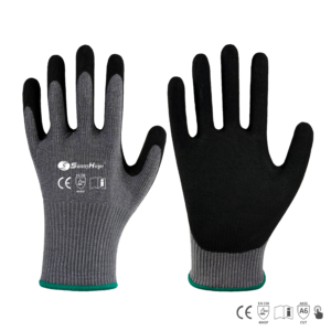 13gauge HPPE & steel fiber mixed liner cut resistant gloves, palm coated with black sandy latex, touchscreen compatible