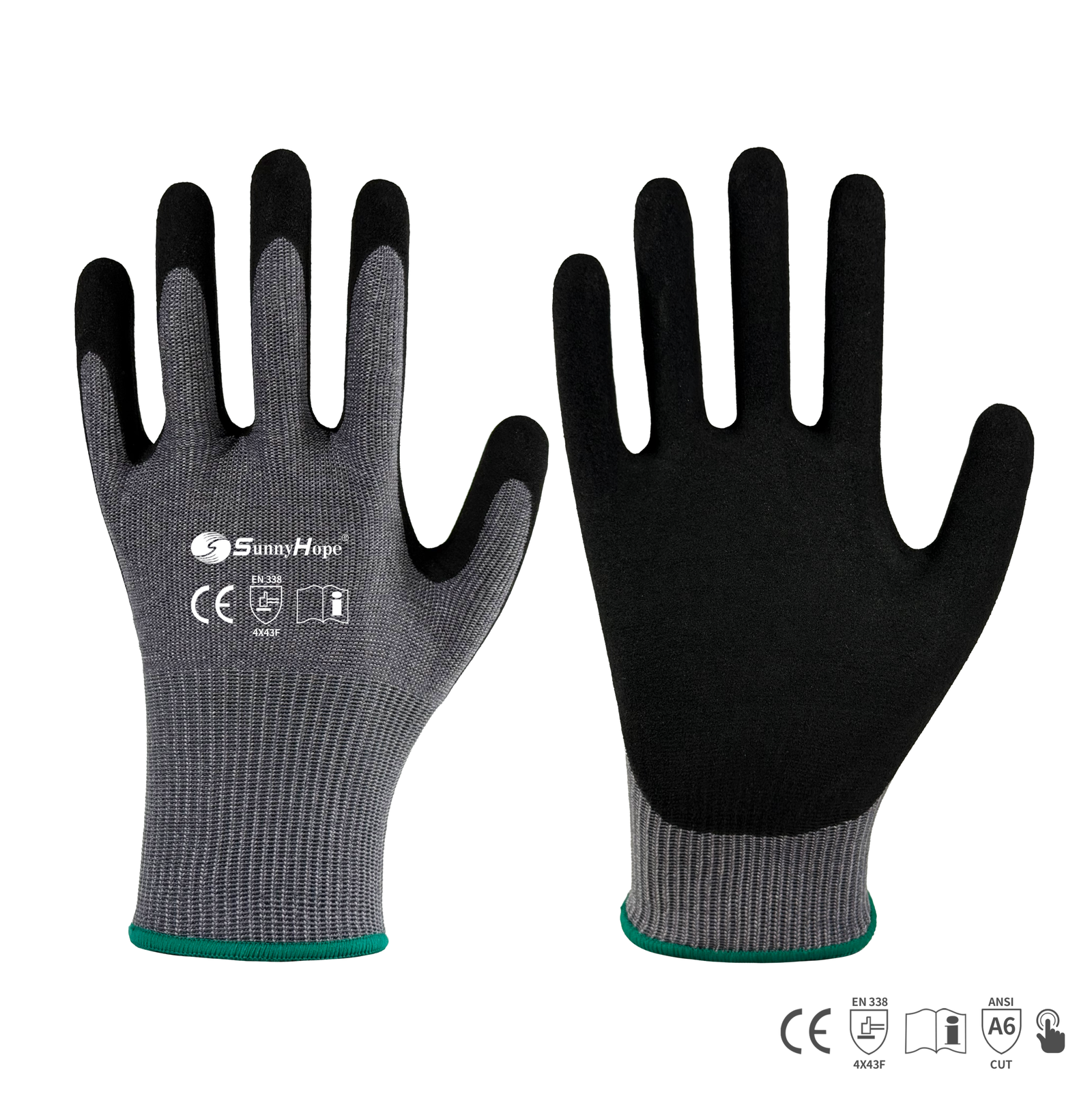 13gauge HPPE & steel fiber mixed liner cut resistant gloves, palm coated with black sandy latex, touchscreen compatible