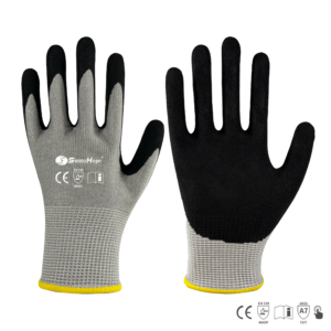 13 gauge HPPE & steel fiber mixed liner cut resistant gloves, palm coated with black sandy latex, touchscreen compatible