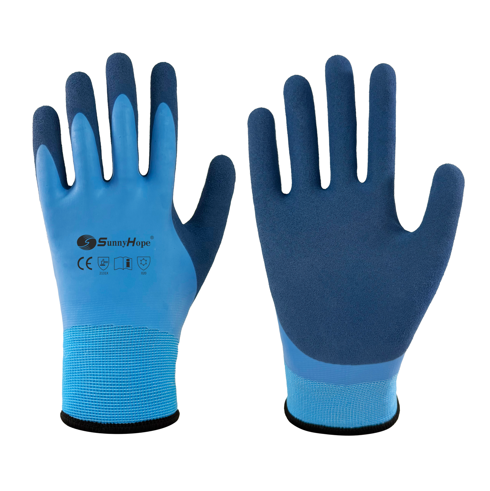 Heavy thermal lined,15 gauge nylon liner+7 gauge acrylic terry liner with light blue smooth latex fully coating and dark blue sandy latex coated on palm and fingers, touchscreen compatible and waterproof