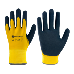 Heavy thermal lined, 13 gauge nylon liner +7 gauge acrylic terry liner with black foam latex coated on palm & fingers, bright yellow liner